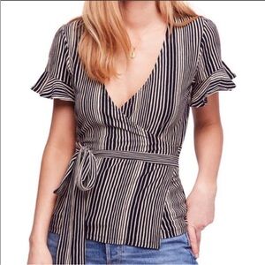 Free People navy tan striped ruffle sleeve Wrapped Around My Finger wrap top